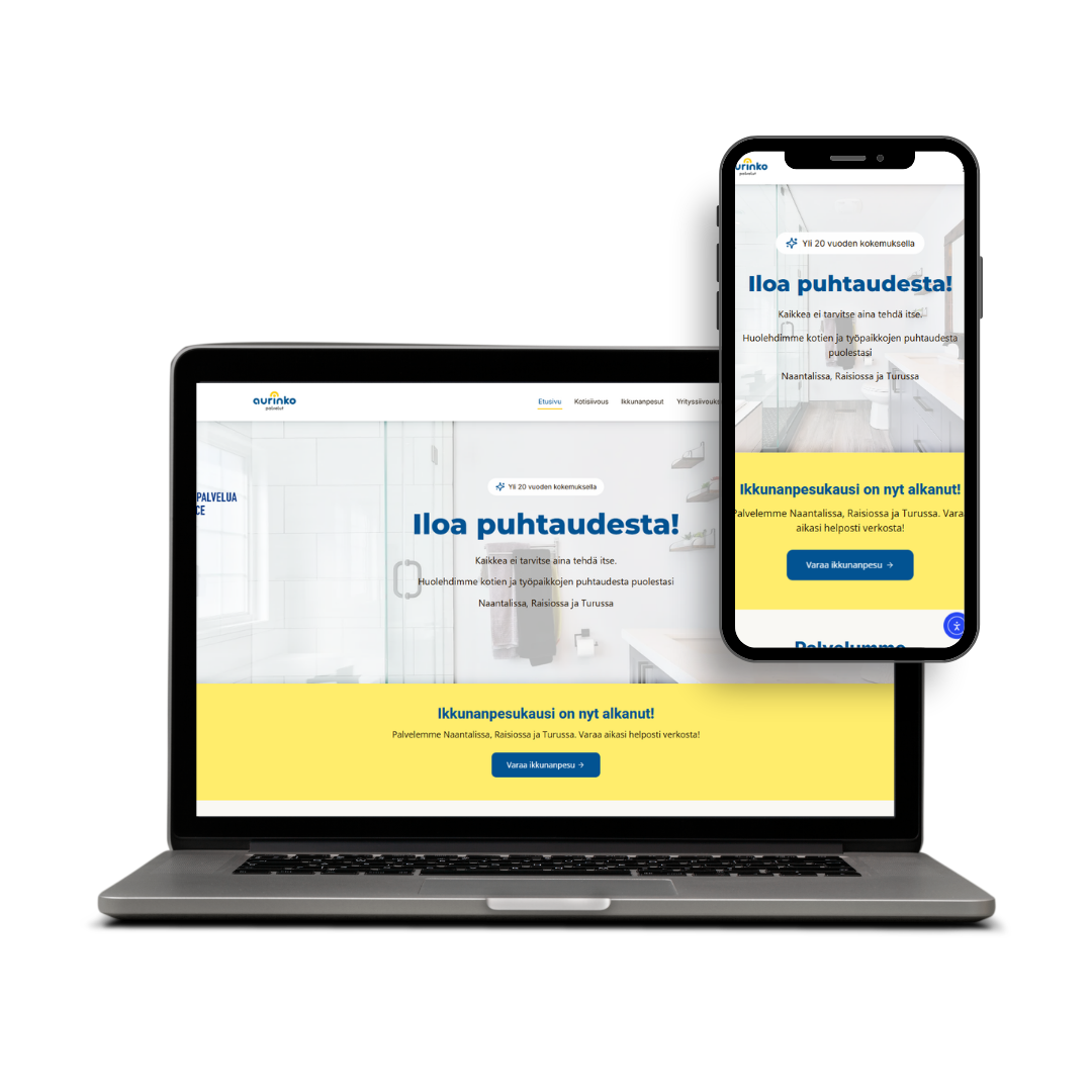 Keku.fi-verkkosivun kotisivu ja referenssisivu näkyvissä läppärillä ja mobiililaitteella, teksti Suunnittelu & toteutus.