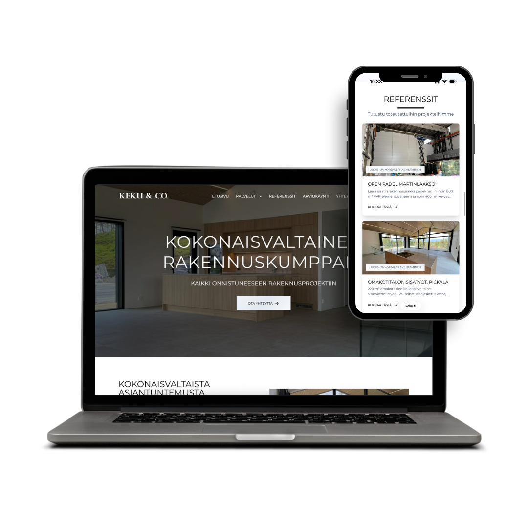 Keku.fi-verkkosivun kotisivu ja referenssisivu näkyvissä läppärillä ja mobiililaitteella, teksti Suunnittelu & toteutus.